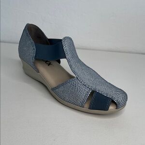 The FLEXX Mr T Milos blue metallic wedge sandals size 7